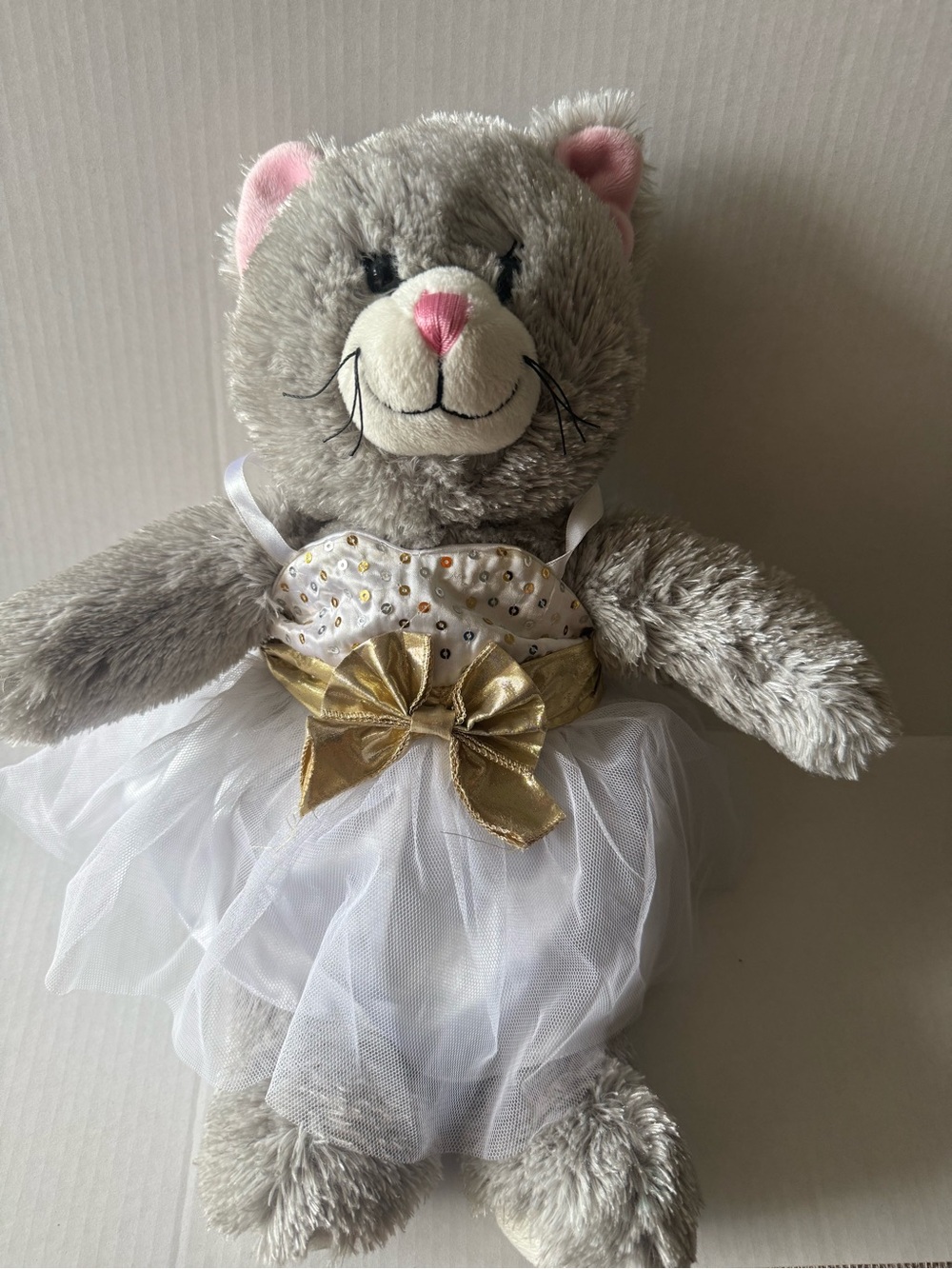 Build a Bear Cool Kitty 18" Silver Gray Plush Cat Pink Ears Nose Retired W/Tutu